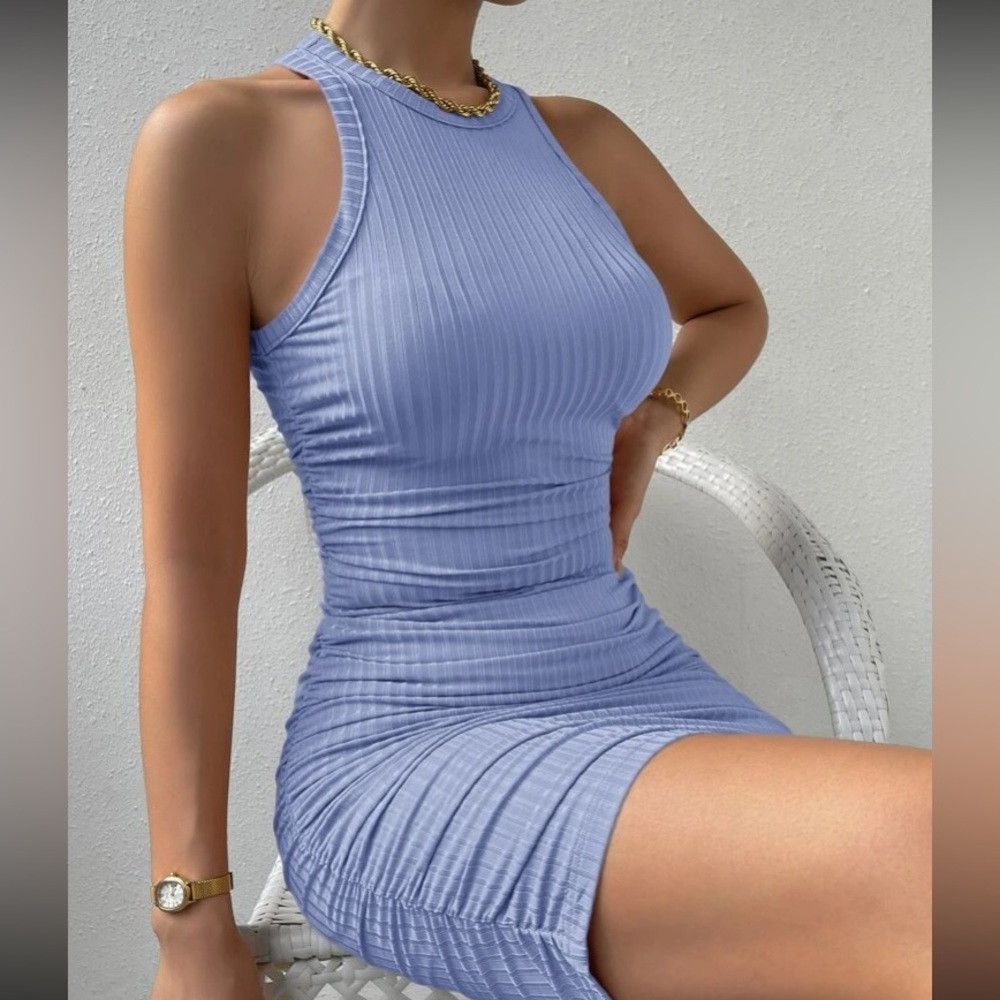 NWT, Lavishly Paris Women’s Baby Blue Ruched Midi Dress. - Picture 8 of 16